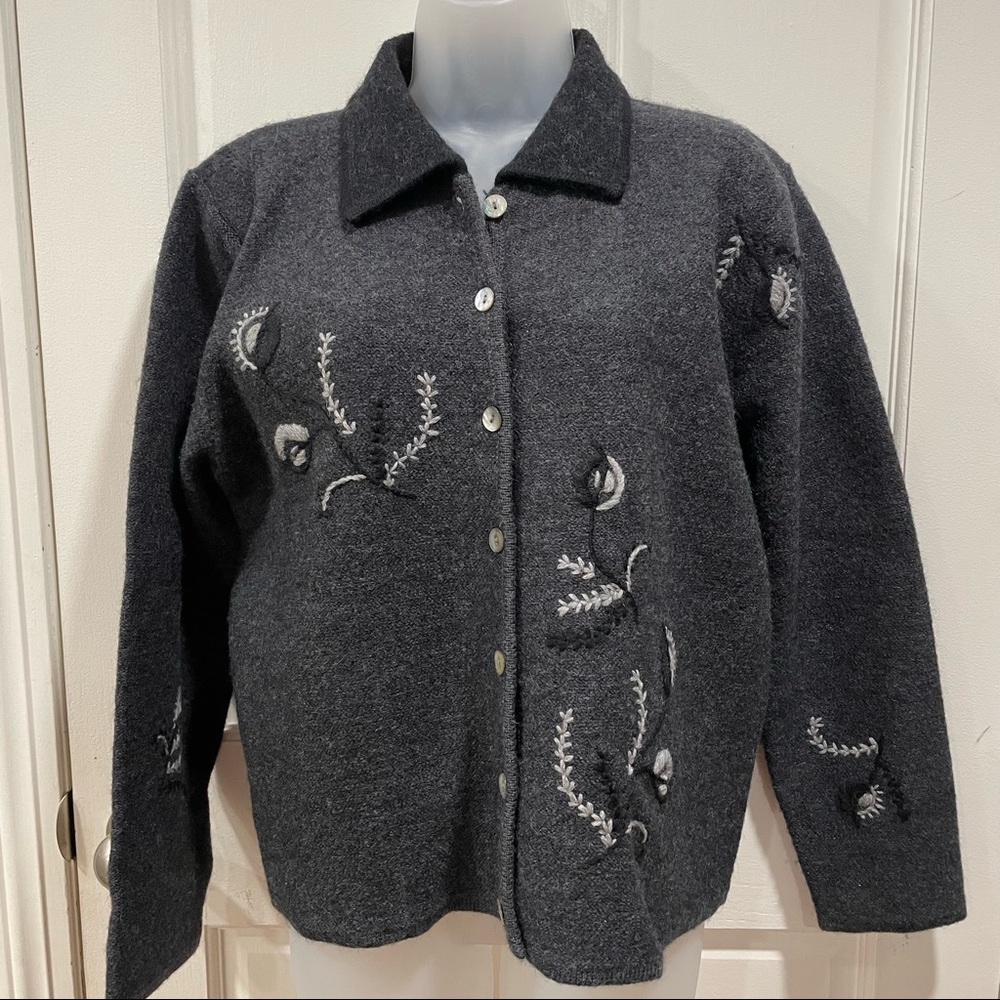 Vintage Karen Scott Pure Wool Button Up Sweater Cardigan Floral Multi Color